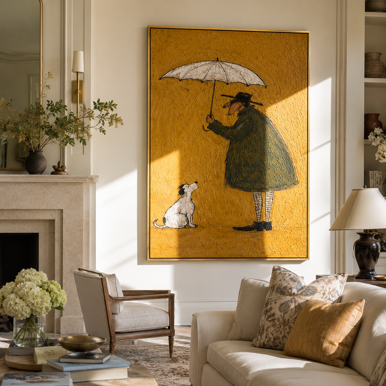 Umbrella Holds Gold – Umbrella Figure and White Dog painting by Hannah Brooks, minimalist figurative vertical wall art – styled room scene view 4