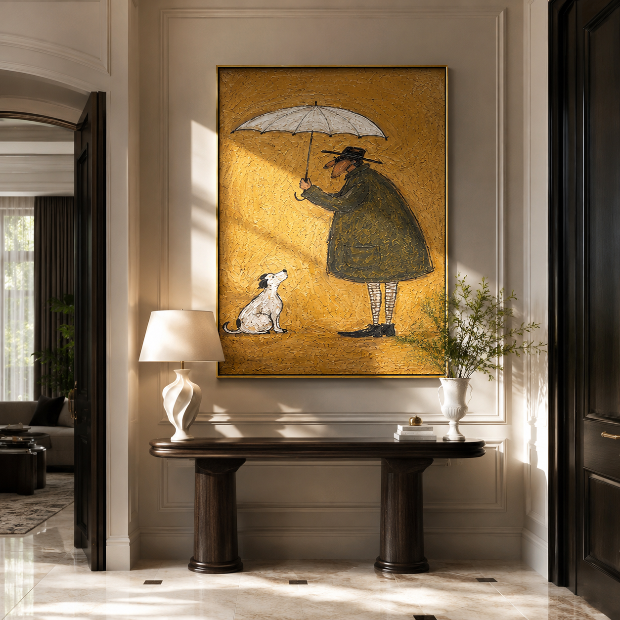 Umbrella Holds Gold – Umbrella Figure and White Dog painting by Hannah Brooks, minimalist figurative vertical wall art – styled room scene view 5