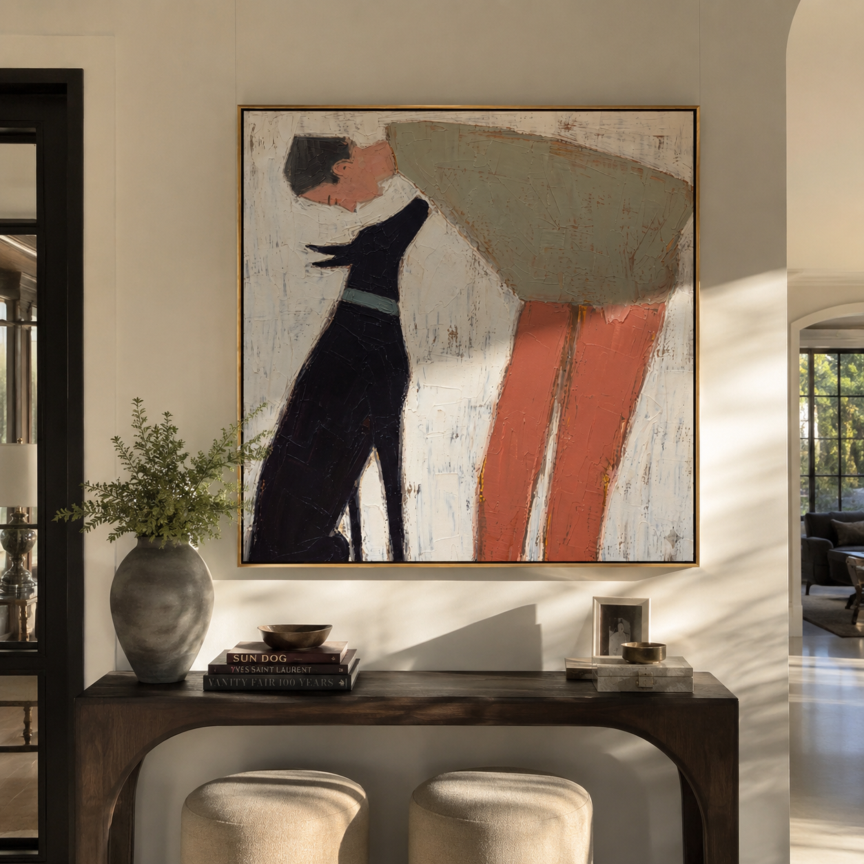 Two Silhouettes Lean – Sage Figure and Black Dog painting by Hannah Brooks, minimalist figurative square wall art – styled room scene view 1