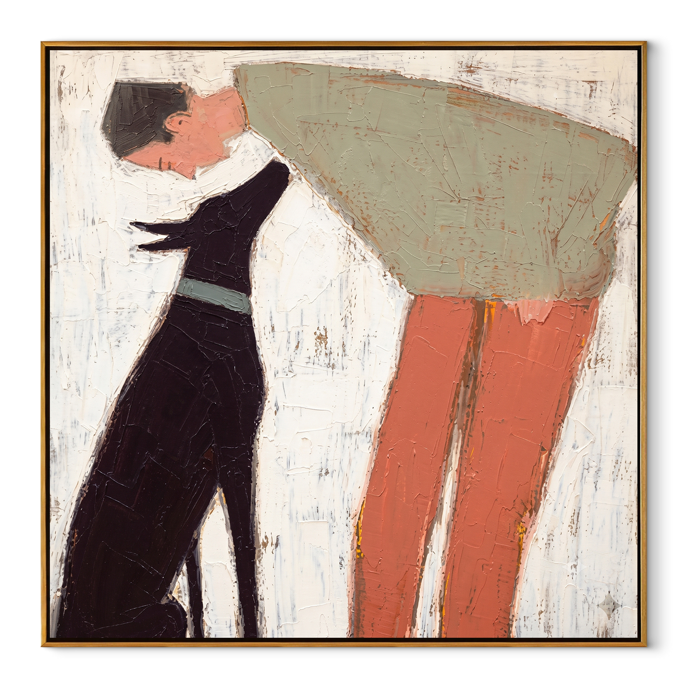 Two Silhouettes Lean – Sage Figure and Black Dog painting by Hannah Brooks, minimalist figurative square wall art – wood frame on white background