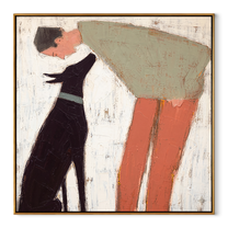 Two Silhouettes Lean – Sage Figure and Black Dog painting by Hannah Brooks, minimalist figurative square wall art – wood frame on white background