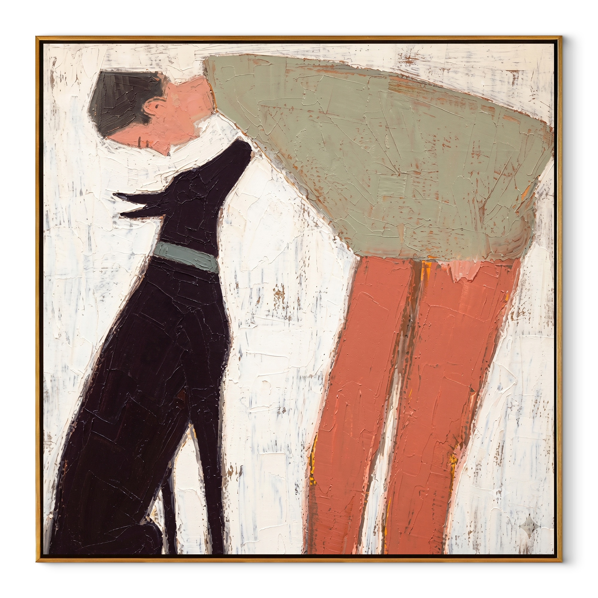 Two Silhouettes Lean – Sage Figure and Black Dog painting by Hannah Brooks, minimalist figurative square wall art – wood frame on white background