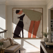 Two Silhouettes Lean – Sage Figure and Black Dog painting by Hannah Brooks, minimalist figurative square wall art – styled room scene view 2