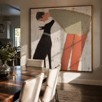 Two Silhouettes Lean – Sage Figure and Black Dog painting by Hannah Brooks, minimalist figurative square wall art – styled room scene view 3