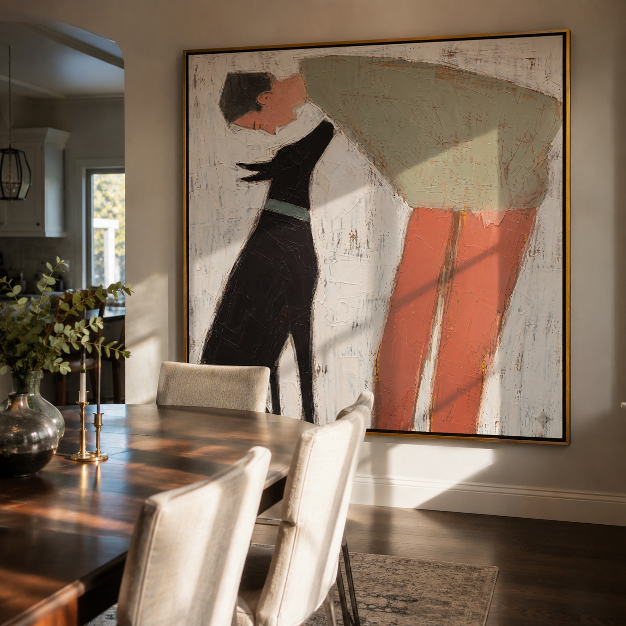 Two Silhouettes Lean – Sage Figure and Black Dog painting by Hannah Brooks, minimalist figurative square wall art – styled room scene view 3