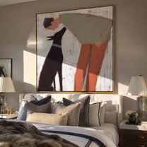 Two Silhouettes Lean – Sage Figure and Black Dog painting by Hannah Brooks, minimalist figurative square wall art – styled room scene view 4