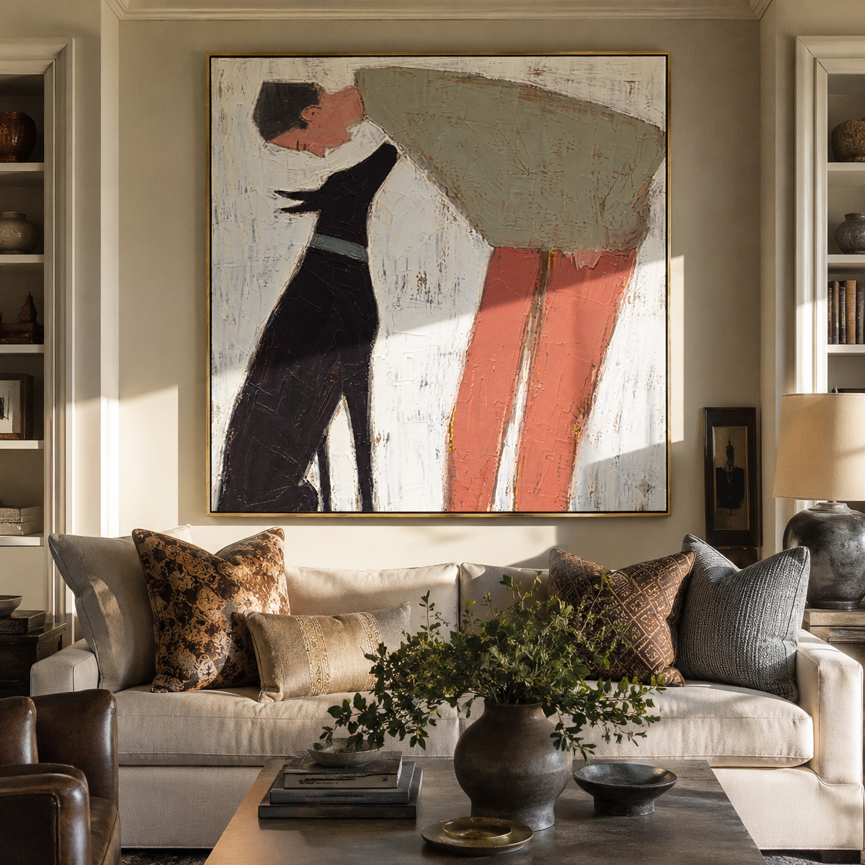 Two Silhouettes Lean – Sage Figure and Black Dog painting by Hannah Brooks, minimalist figurative square wall art – styled room scene view 5