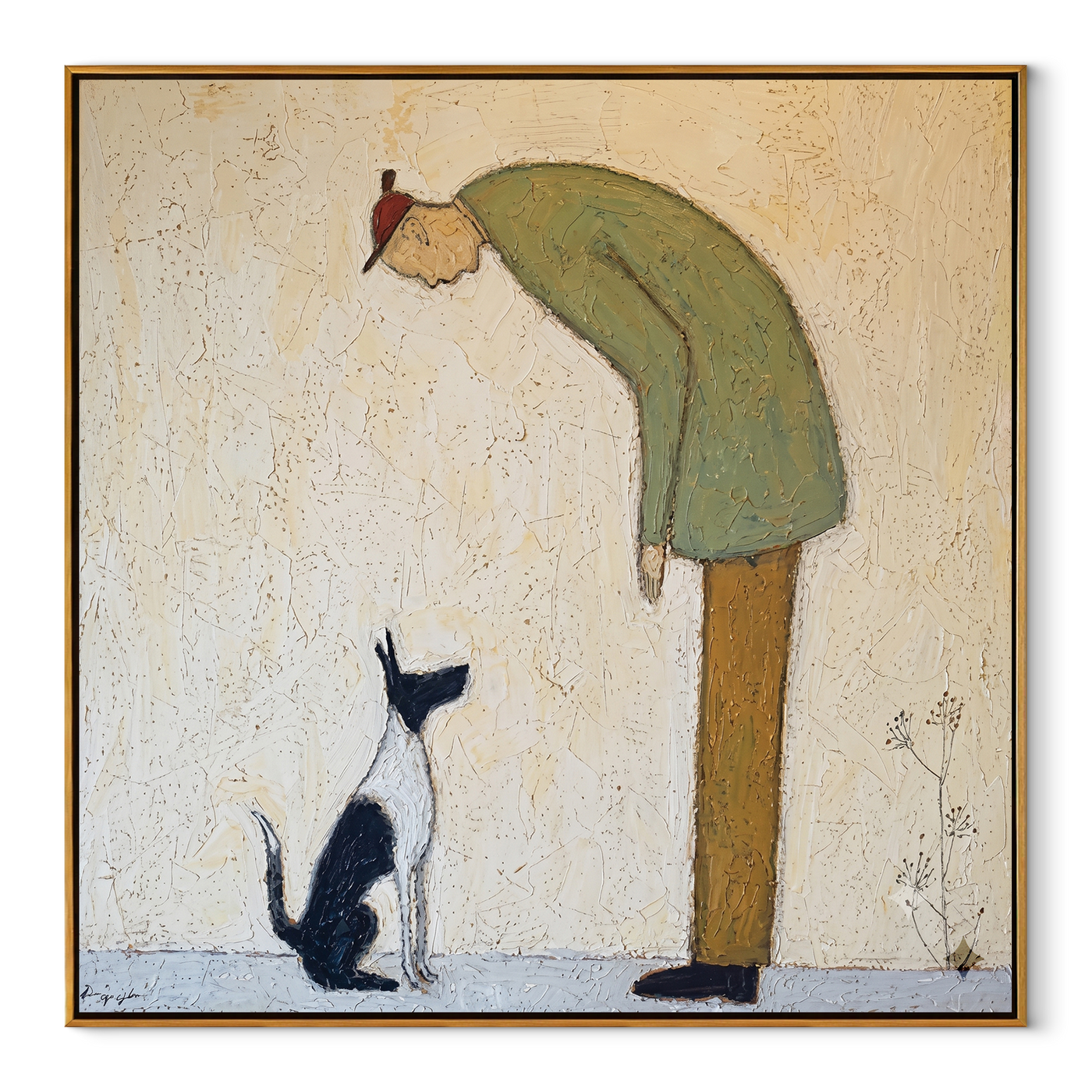 The Cat Looks Up – Green Figure and Cat painting by Hannah Brooks, minimalist figurative square wall art – wood frame on white background