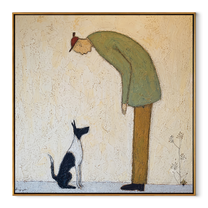 The Cat Looks Up – Green Figure and Cat painting by Hannah Brooks, minimalist figurative square wall art – wood frame on white background