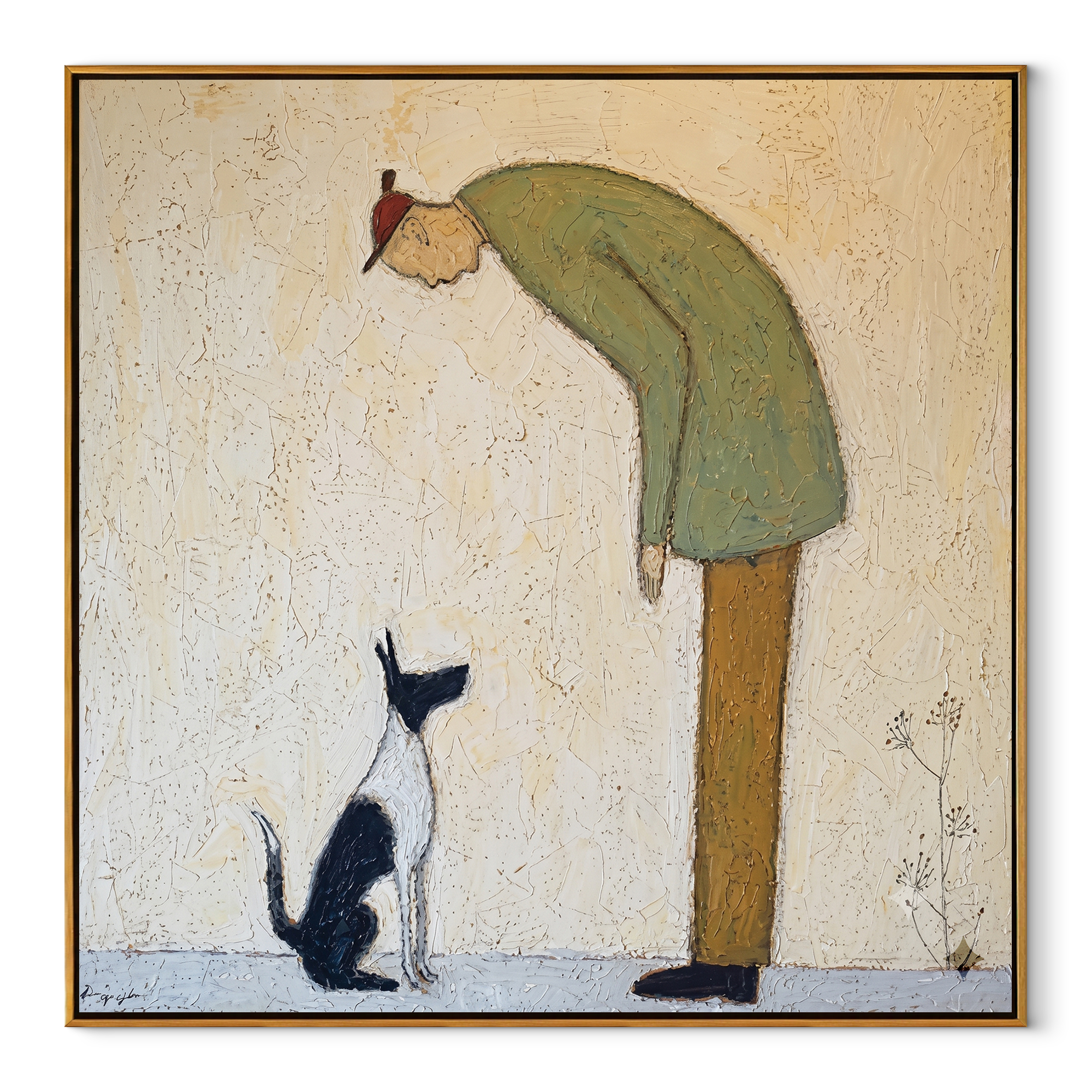 The Cat Looks Up – Green Figure and Cat painting by Hannah Brooks, minimalist figurative square wall art – wood frame on white background