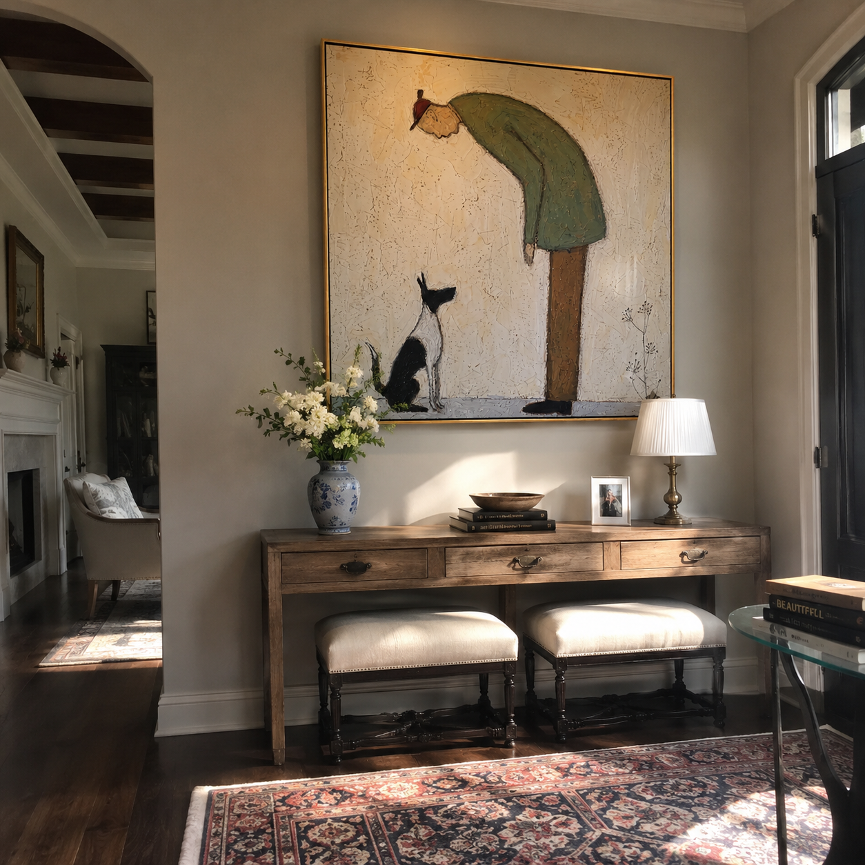 The Cat Looks Up – Green Figure and Cat painting by Hannah Brooks, minimalist figurative square wall art – styled room scene view 2