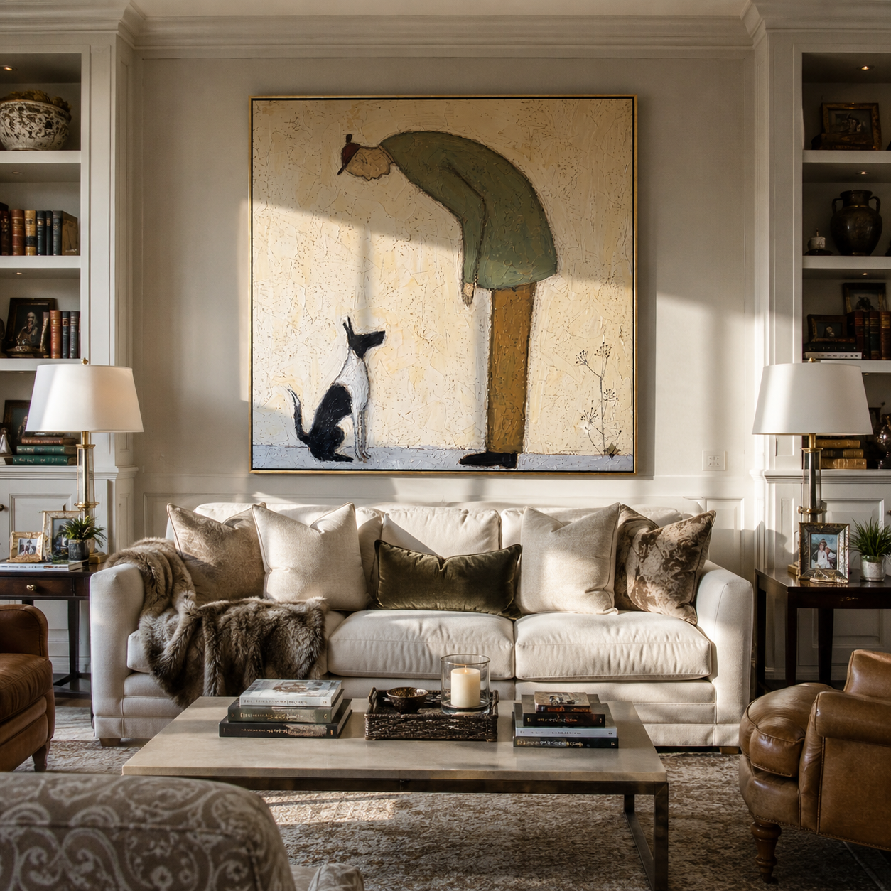The Cat Looks Up – Green Figure and Cat painting by Hannah Brooks, minimalist figurative square wall art – styled room scene view 3