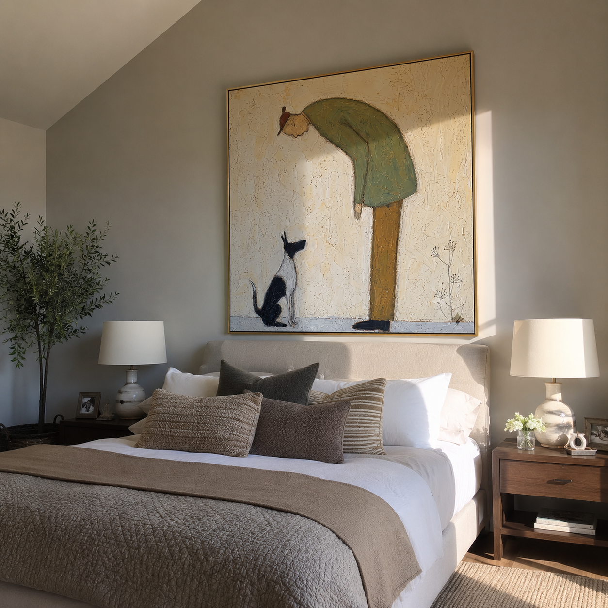 The Cat Looks Up – Green Figure and Cat painting by Hannah Brooks, minimalist figurative square wall art – styled room scene view 4
