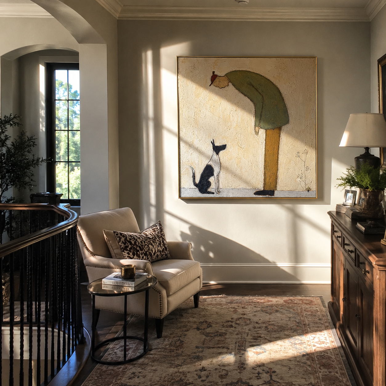 The Cat Looks Up – Green Figure and Cat painting by Hannah Brooks, minimalist figurative square wall art – styled room scene view 5