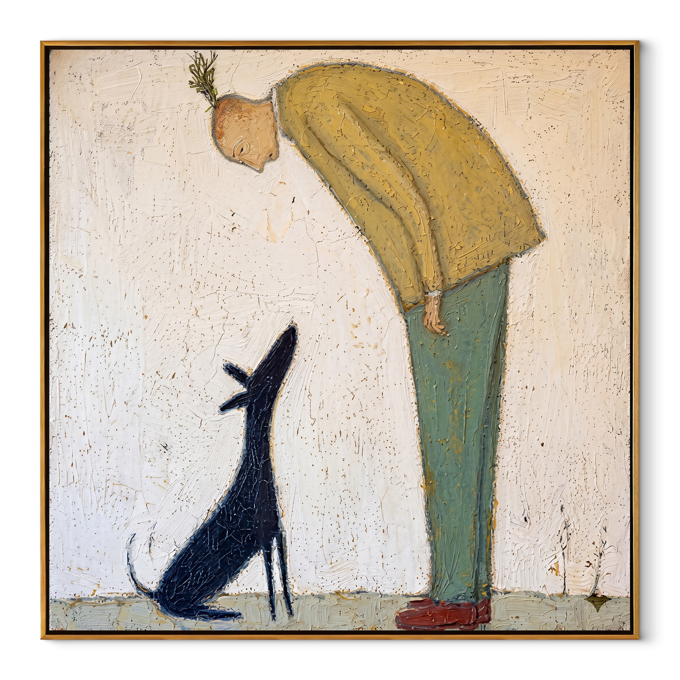 Black Ears Listen – Yellow Sweater and Black Dog painting by Hannah Brooks, minimalist figurative square wall art – wood frame on white background