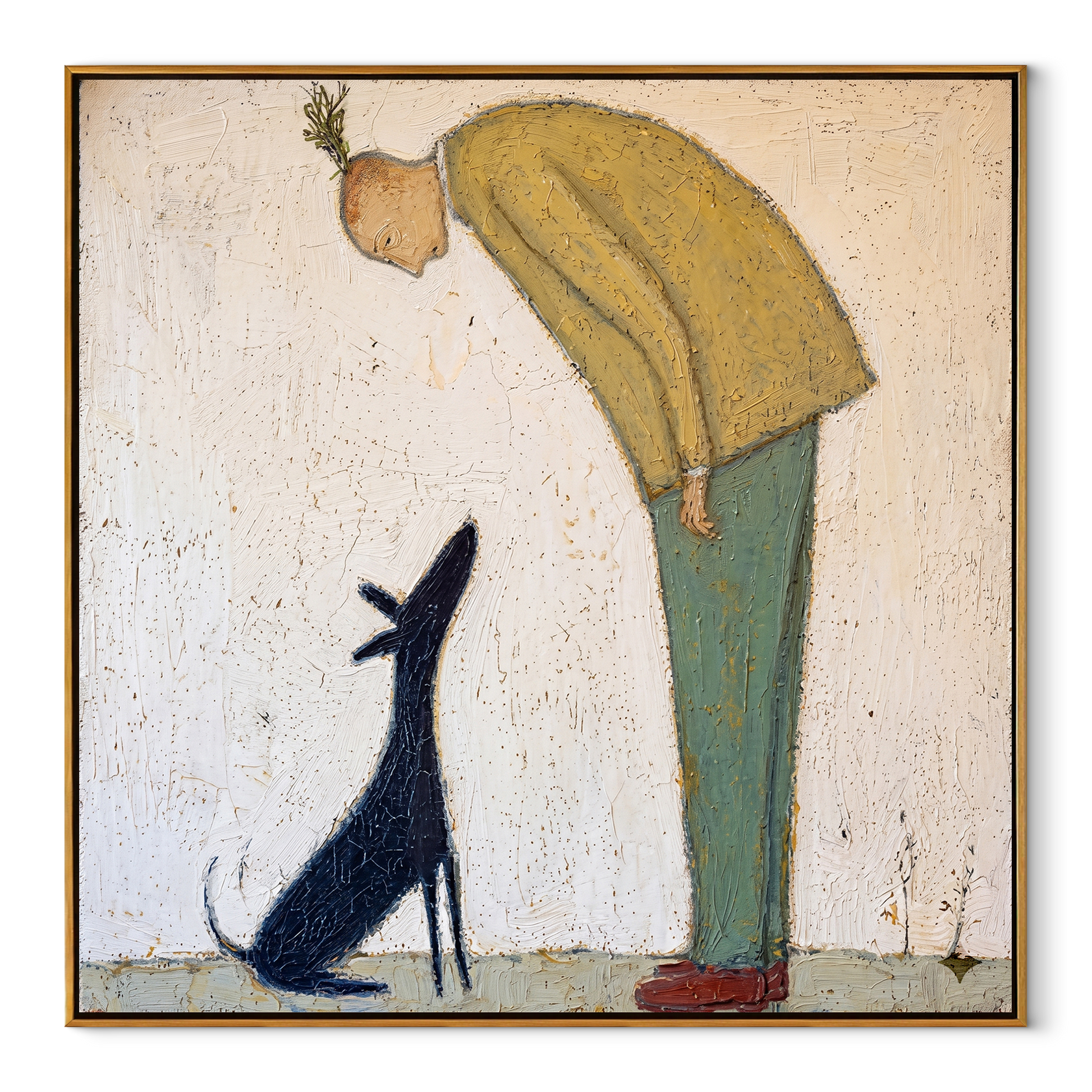 Black Ears Listen – Yellow Sweater and Black Dog painting by Hannah Brooks, minimalist figurative square wall art – wood frame on white background