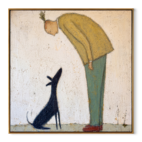 Black Ears Listen – Yellow Sweater and Black Dog painting by Hannah Brooks, minimalist figurative square wall art – wood frame on white background