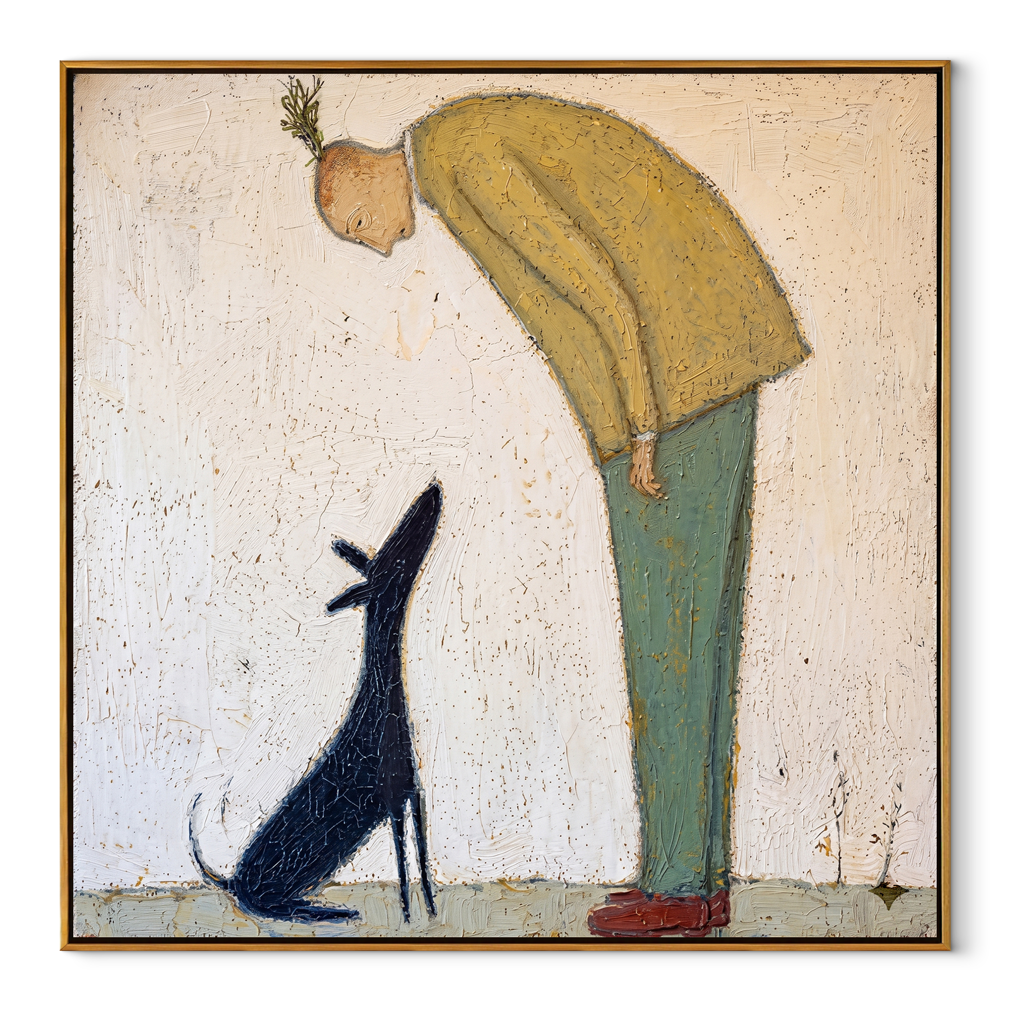 Black Ears Listen – Yellow Sweater and Black Dog painting by Hannah Brooks, minimalist figurative square wall art – wood frame on white background