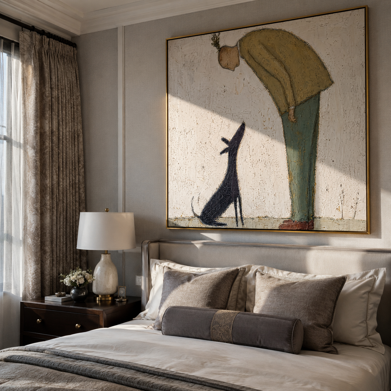 Black Ears Listen – Yellow Sweater and Black Dog painting by Hannah Brooks, minimalist figurative square wall art – styled room scene view 3