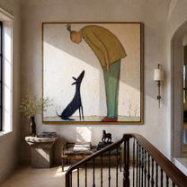 Black Ears Listen – Yellow Sweater and Black Dog painting by Hannah Brooks, minimalist figurative square wall art – styled room scene view 4
