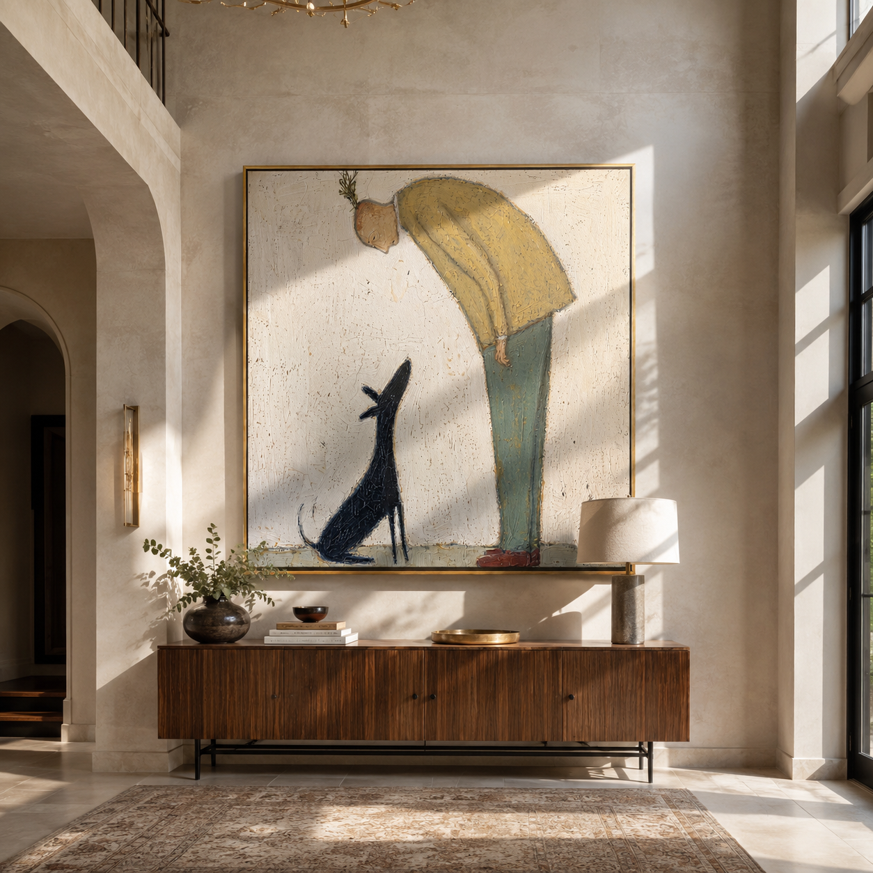 Black Ears Listen – Yellow Sweater and Black Dog painting by Hannah Brooks, minimalist figurative square wall art – styled room scene view 5