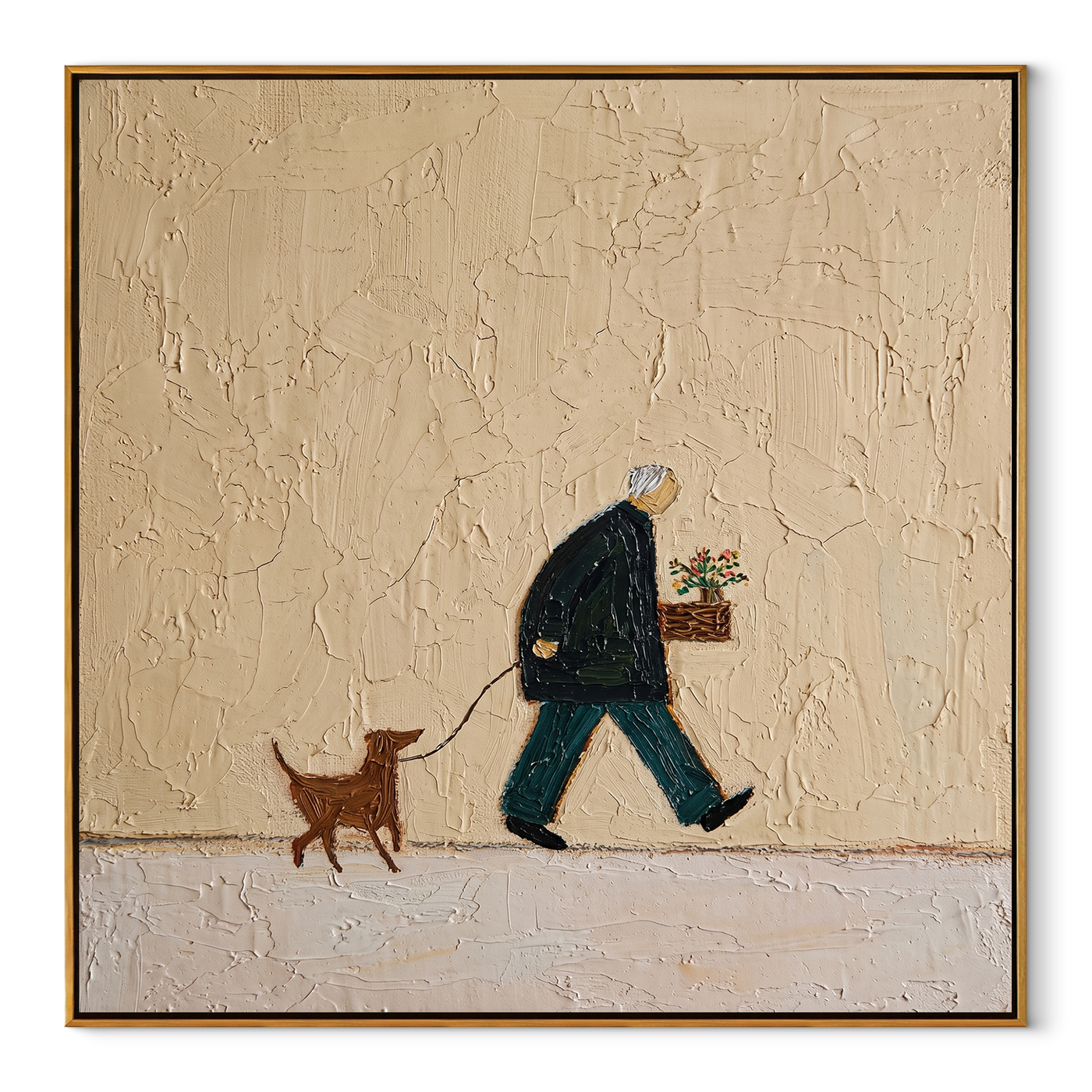 Small Gifts Travel – Flower Carrier and Brown Dog painting by Hannah Brooks, minimalist figurative square wall art – wood frame on white background