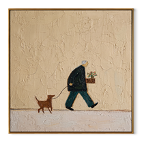 Small Gifts Travel – Flower Carrier and Brown Dog painting by Hannah Brooks, minimalist figurative square wall art – wood frame on white background