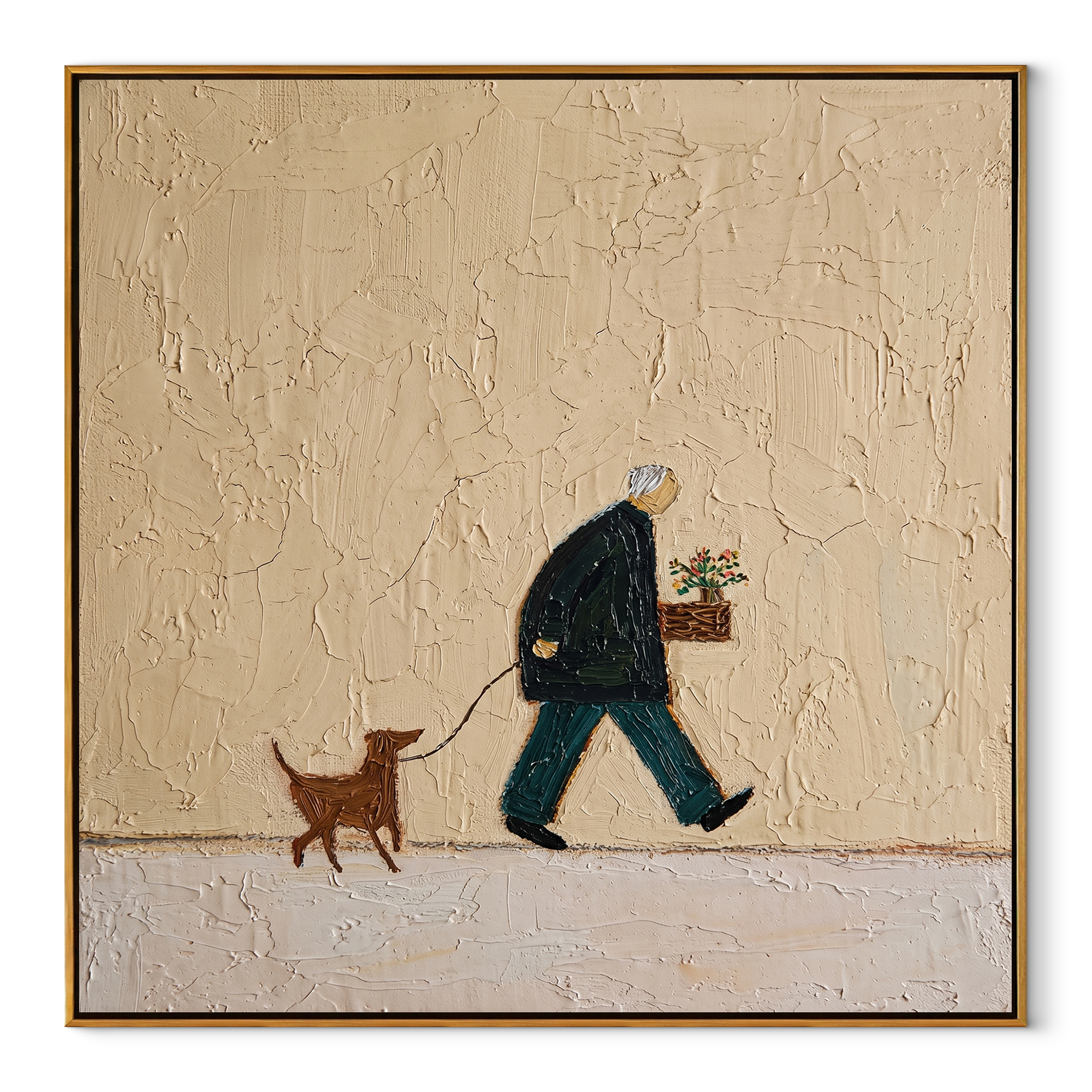 Small Gifts Travel – Flower Carrier and Brown Dog painting by Hannah Brooks, minimalist figurative square wall art – wood frame on white background