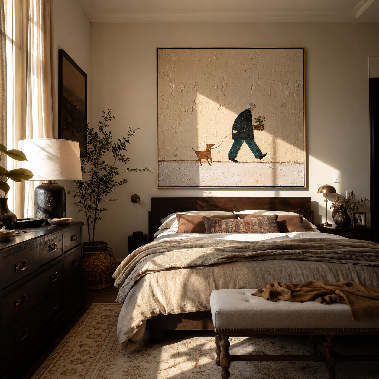 Small Gifts Travel – Flower Carrier and Brown Dog painting by Hannah Brooks, minimalist figurative square wall art – styled room scene view 2