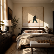 Small Gifts Travel – Flower Carrier and Brown Dog painting by Hannah Brooks, minimalist figurative square wall art – styled room scene view 2
