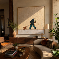 Small Gifts Travel – Flower Carrier and Brown Dog painting by Hannah Brooks, minimalist figurative square wall art – styled room scene view 4
