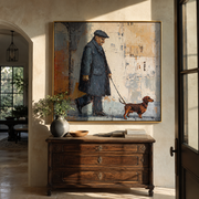 Rain Walks Beside – Rainy City Dachshund Walk painting by Hannah Brooks, minimalist figurative square wall art – styled room scene view 1