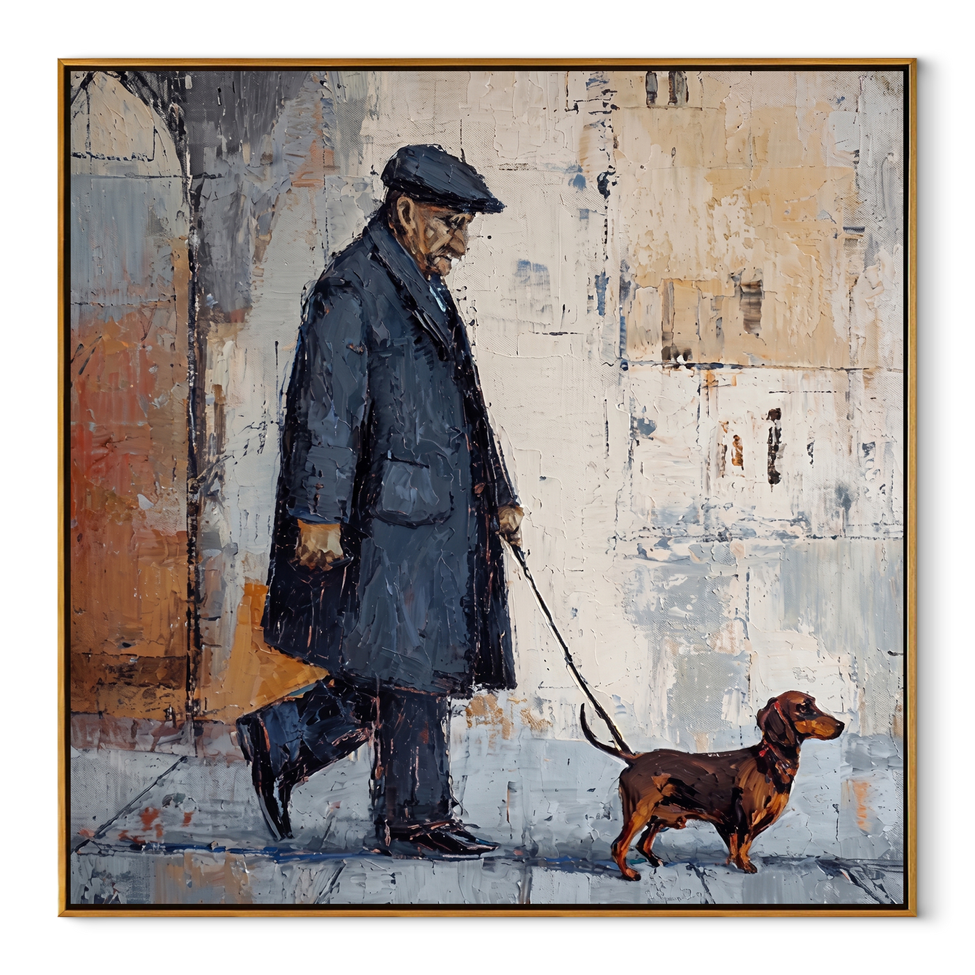 Rain Walks Beside – Rainy City Dachshund Walk painting by Hannah Brooks, minimalist figurative square wall art – wood frame on white background
