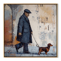Rain Walks Beside – Rainy City Dachshund Walk painting by Hannah Brooks, minimalist figurative square wall art – wood frame on white background