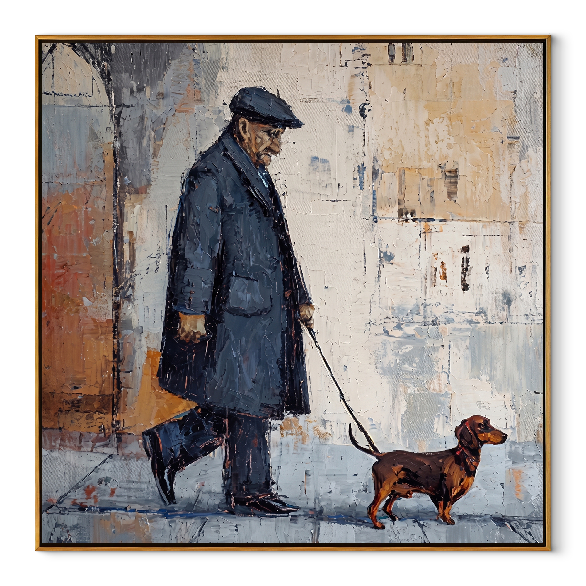 Rain Walks Beside – Rainy City Dachshund Walk painting by Hannah Brooks, minimalist figurative square wall art – wood frame on white background