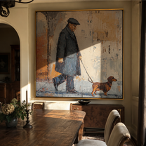 Rain Walks Beside – Rainy City Dachshund Walk painting by Hannah Brooks, minimalist figurative square wall art – styled room scene view 2
