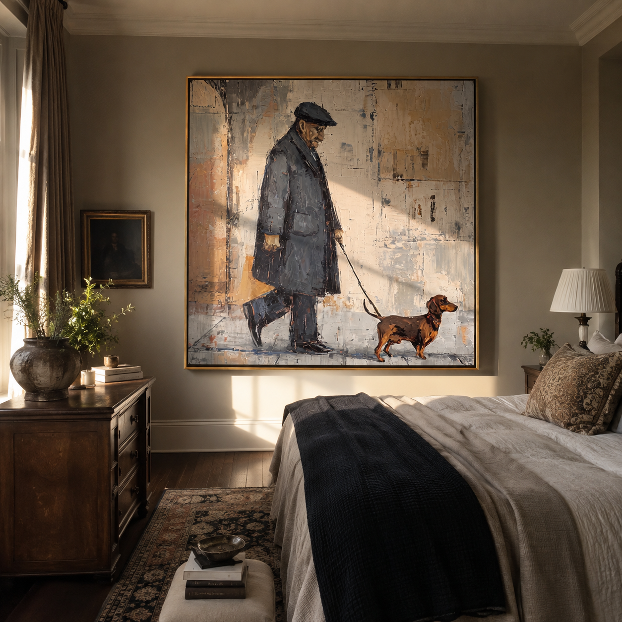 Rain Walks Beside – Rainy City Dachshund Walk painting by Hannah Brooks, minimalist figurative square wall art – styled room scene view 3