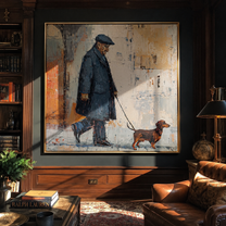 Rain Walks Beside – Rainy City Dachshund Walk painting by Hannah Brooks, minimalist figurative square wall art – styled room scene view 4