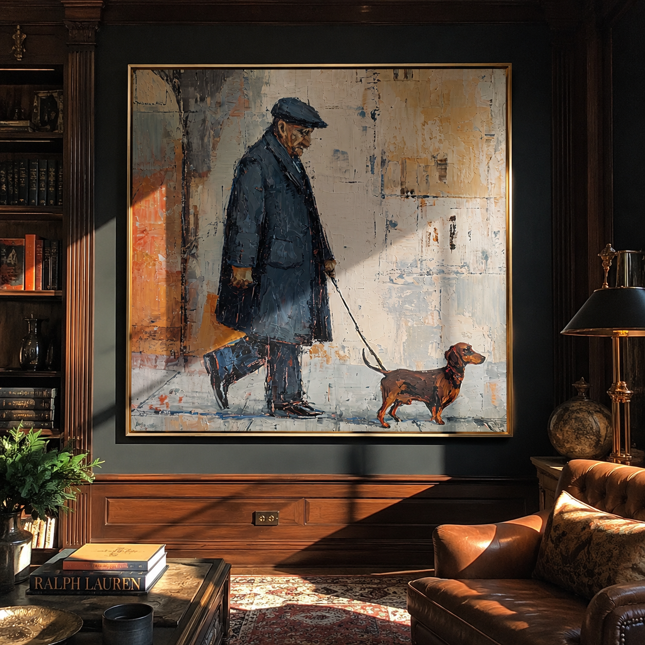 Rain Walks Beside – Rainy City Dachshund Walk painting by Hannah Brooks, minimalist figurative square wall art – styled room scene view 4