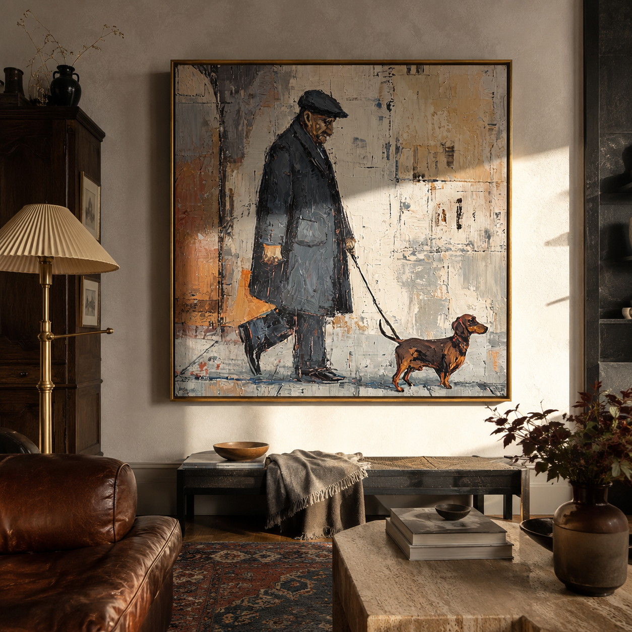 Rain Walks Beside – Rainy City Dachshund Walk painting by Hannah Brooks, minimalist figurative square wall art – styled room scene view 5