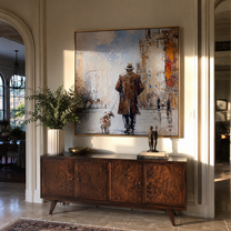 City Opens Ahead – Brown Coat and Spotted Dog painting by Hannah Brooks, minimalist figurative square wall art – styled room scene view 1