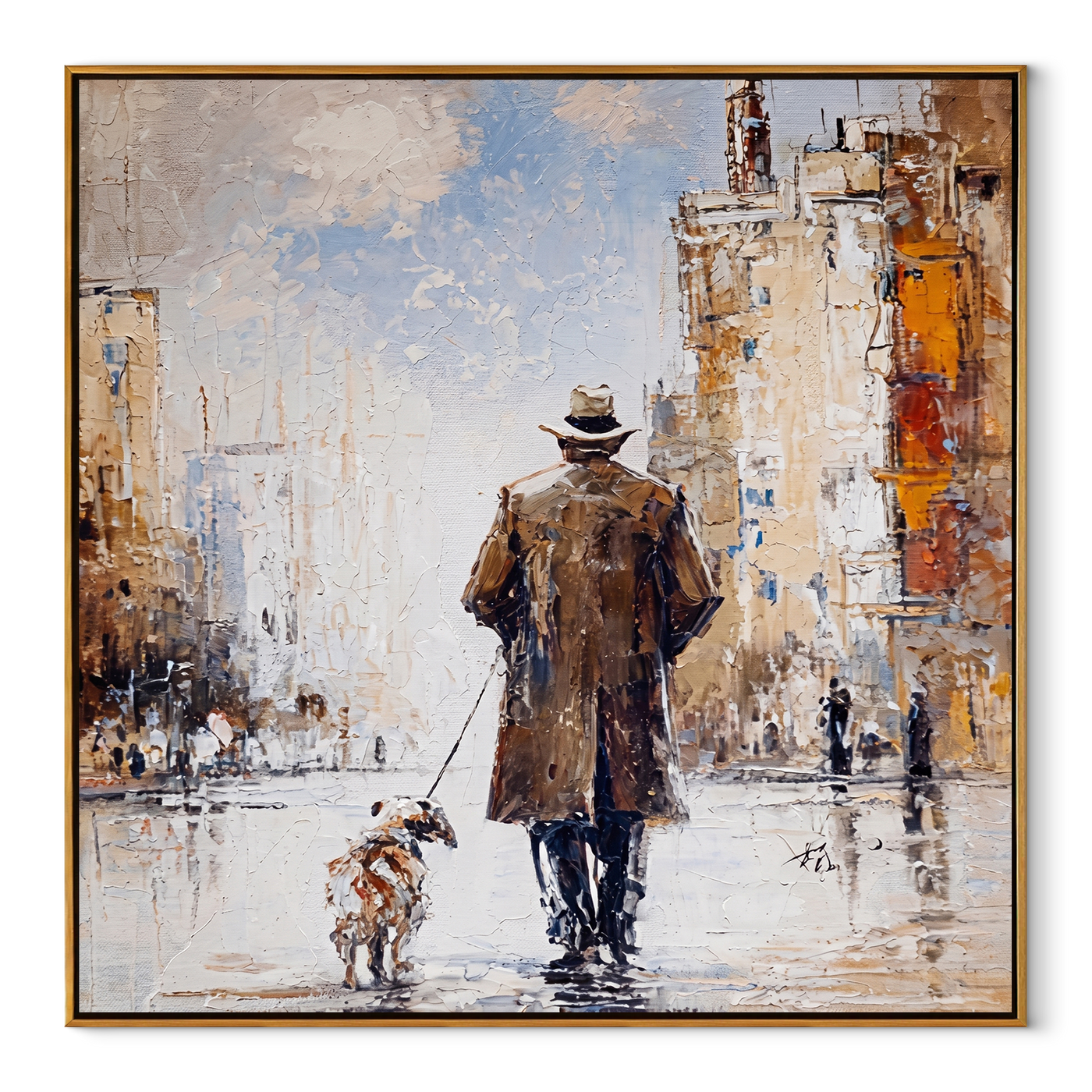 City Opens Ahead – Brown Coat and Spotted Dog painting by Hannah Brooks, minimalist figurative square wall art – wood frame on white background
