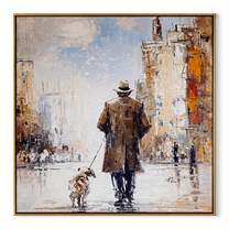 City Opens Ahead – Brown Coat and Spotted Dog painting by Hannah Brooks, minimalist figurative square wall art – wood frame on white background