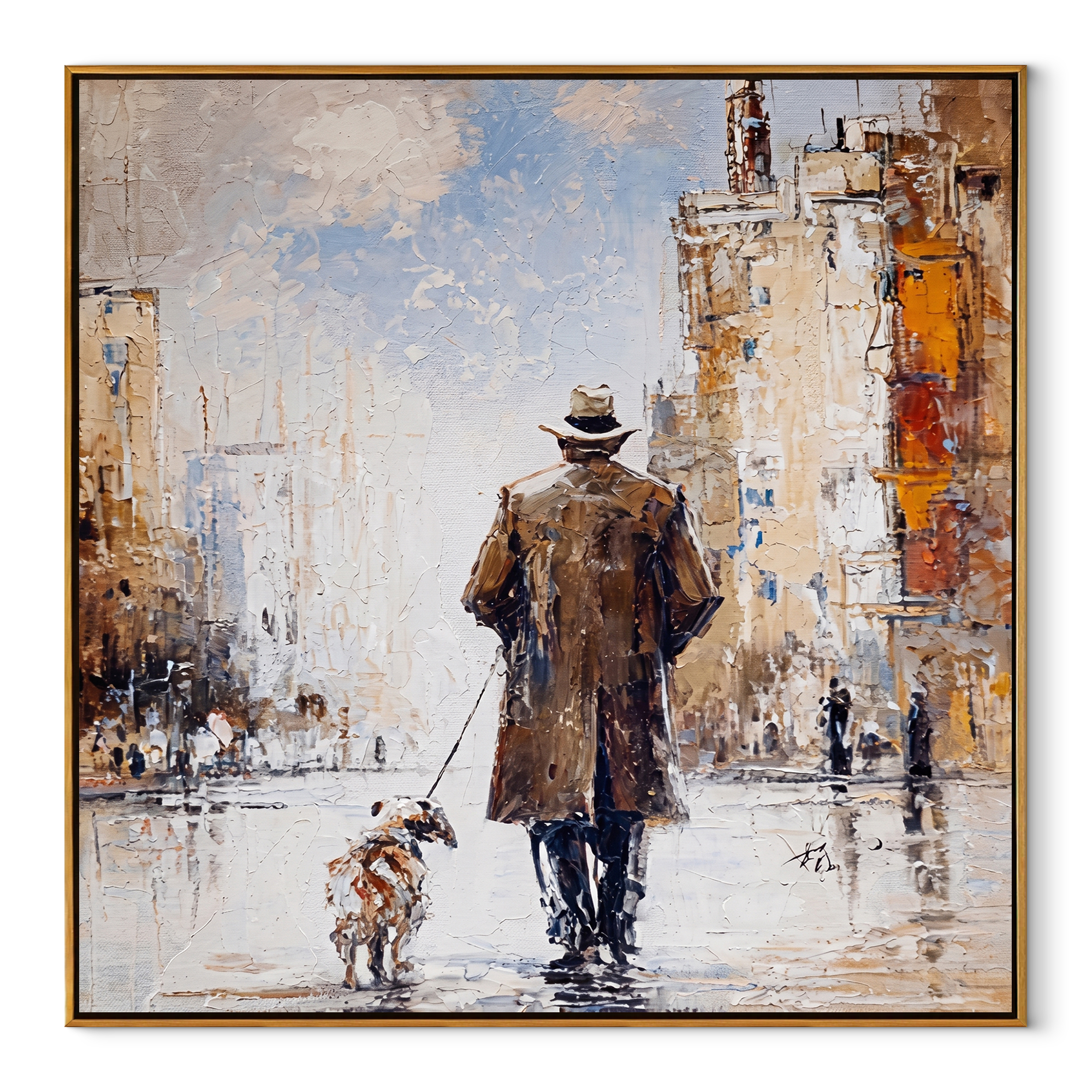 City Opens Ahead – Brown Coat and Spotted Dog painting by Hannah Brooks, minimalist figurative square wall art – wood frame on white background