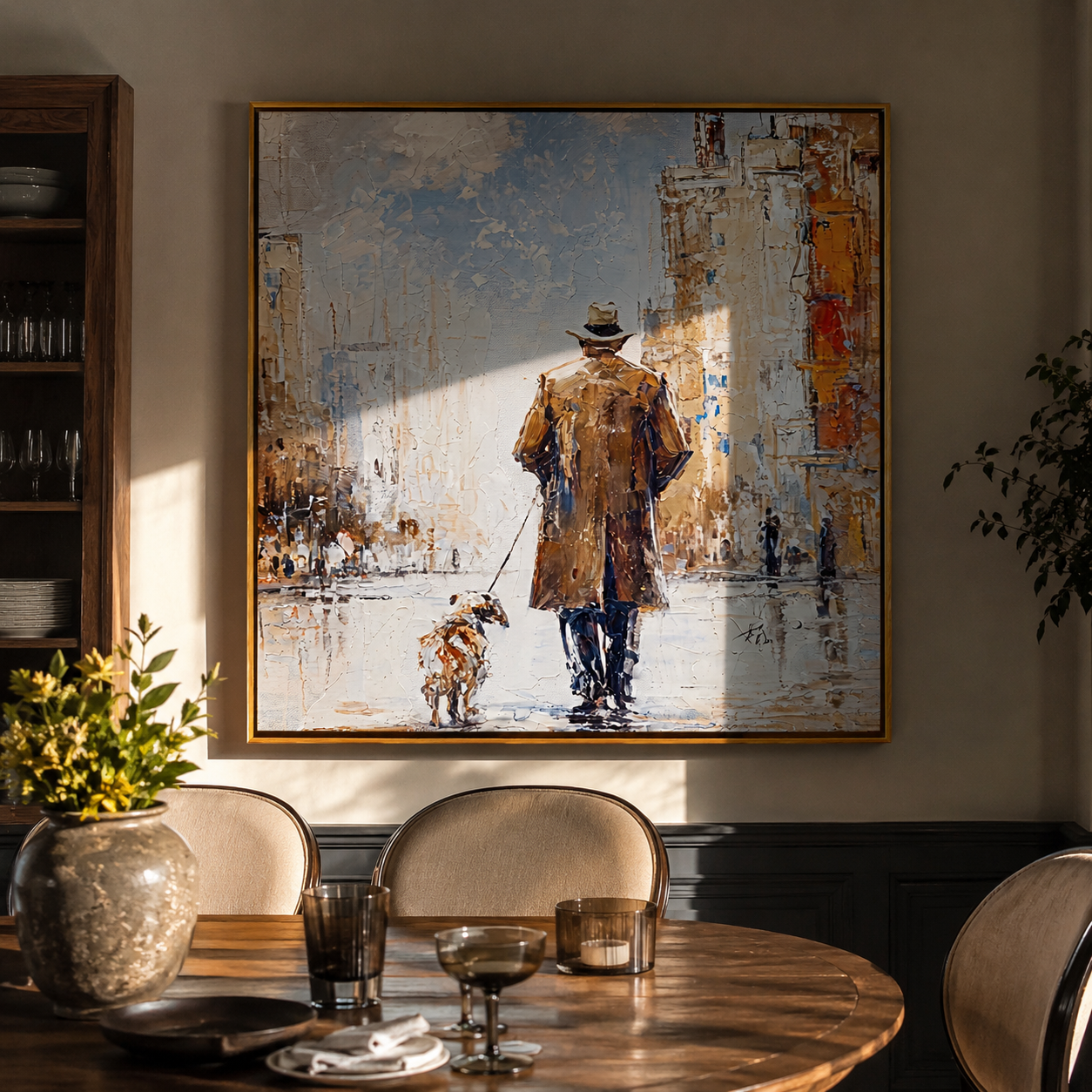 City Opens Ahead – Brown Coat and Spotted Dog painting by Hannah Brooks, minimalist figurative square wall art – styled room scene view 2