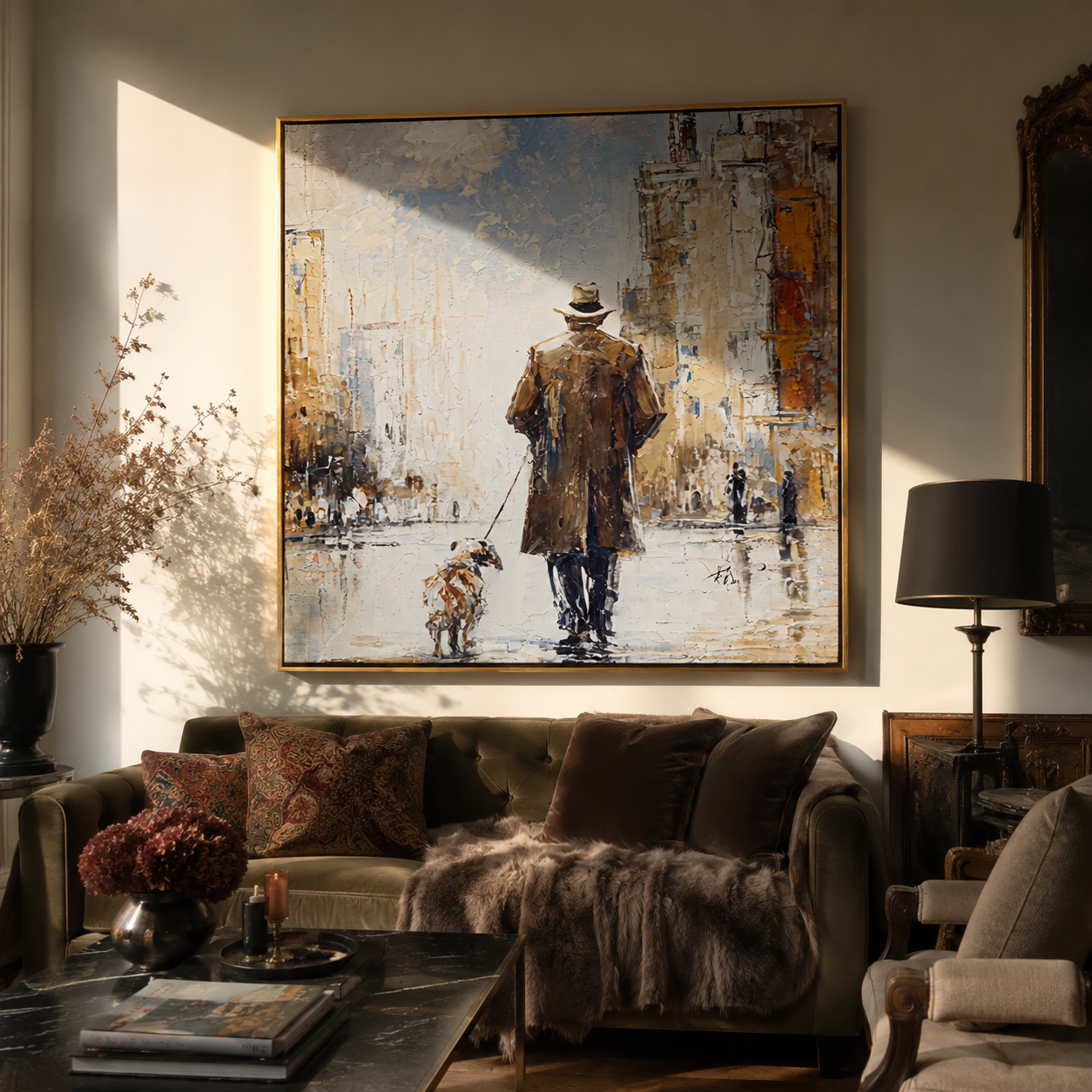 City Opens Ahead – Brown Coat and Spotted Dog painting by Hannah Brooks, minimalist figurative square wall art – styled room scene view 3