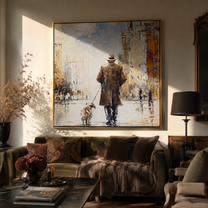 City Opens Ahead – Brown Coat and Spotted Dog painting by Hannah Brooks, minimalist figurative square wall art – styled room scene view 3