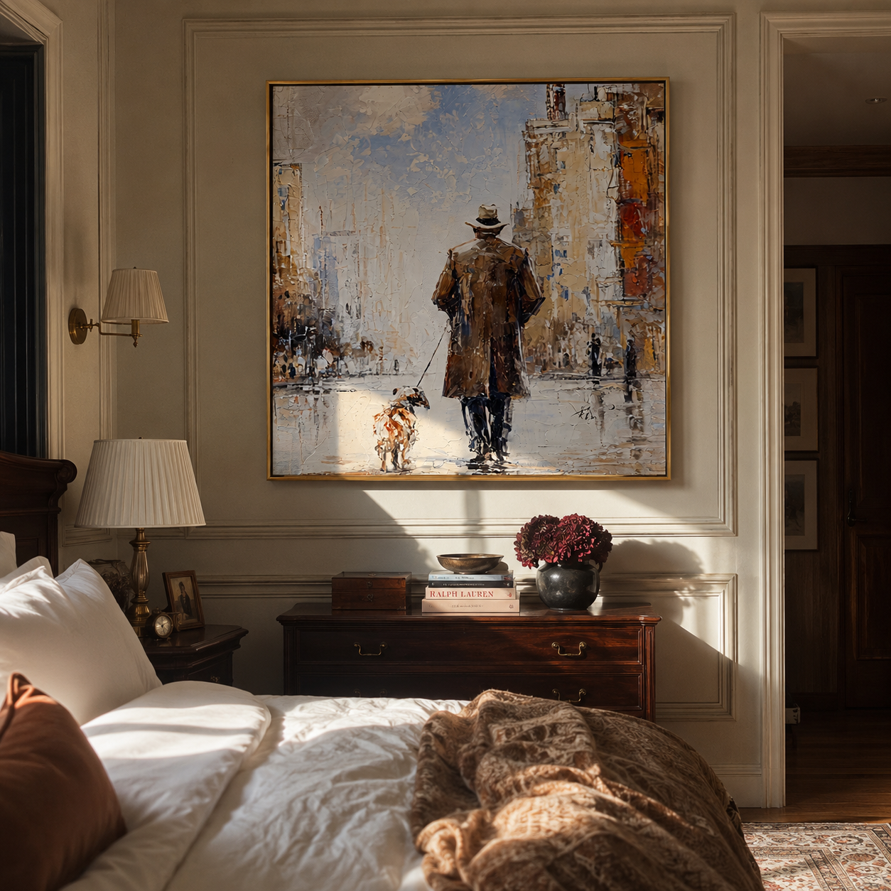 City Opens Ahead – Brown Coat and Spotted Dog painting by Hannah Brooks, minimalist figurative square wall art – styled room scene view 4
