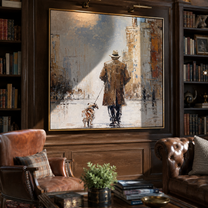 City Opens Ahead – Brown Coat and Spotted Dog painting by Hannah Brooks, minimalist figurative square wall art – styled room scene view 5