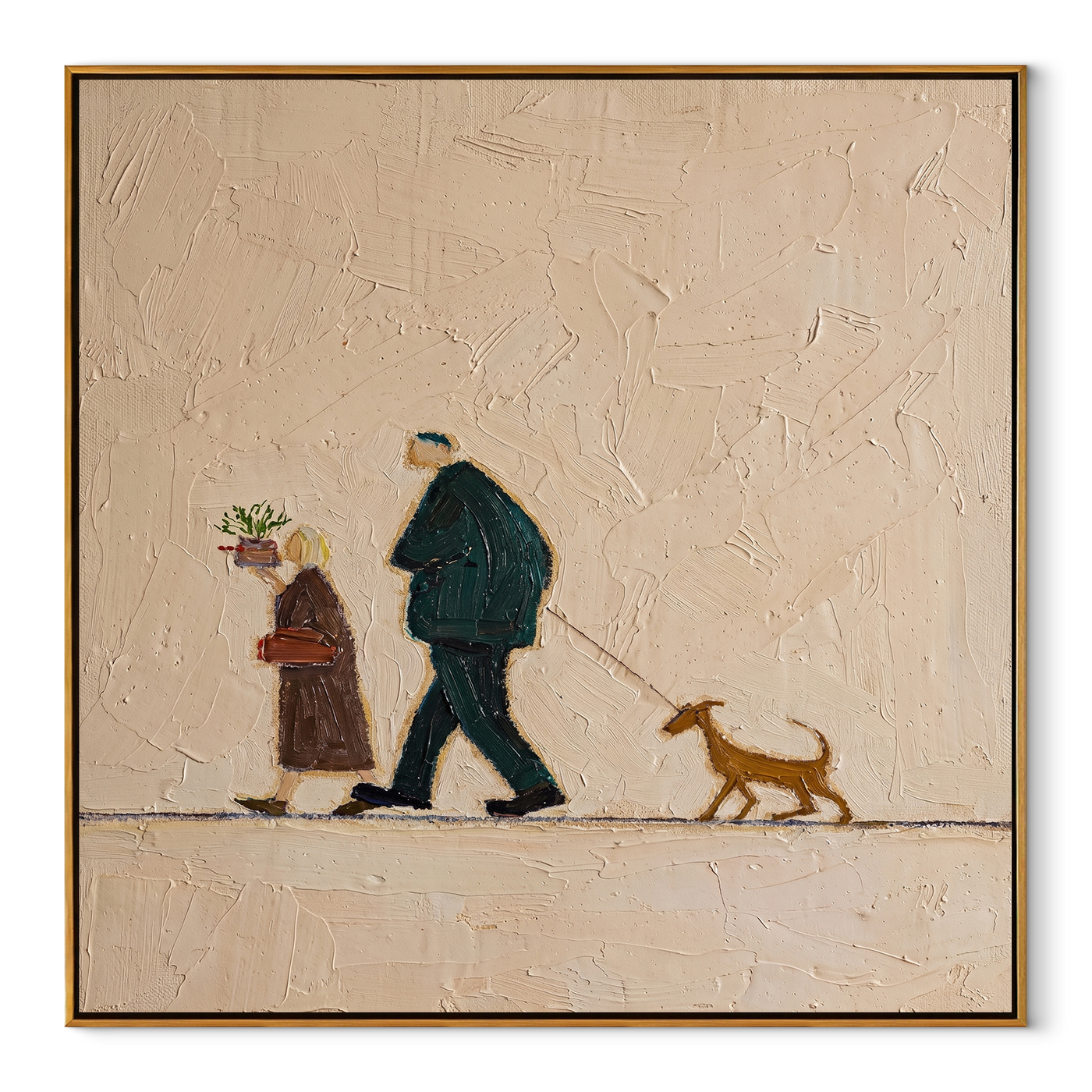 Three Share The Road – Walking Couple and Tan Dog painting by Hannah Brooks, minimalist figurative square wall art – wood frame on white background